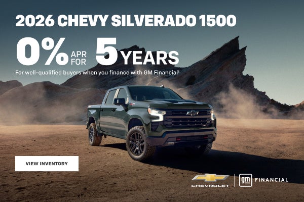 2026 Chevy Silverado 1500. 0% APR for 5 years for well-qualified buyers when you finance with GM ...
